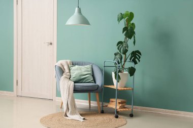 Oturma odasının içinde koltuk ve rafta Monstera bitkisi var.