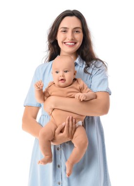 Beyaz arka planda küçük bebeği olan mutlu bir anne. Tüp bebek konsepti