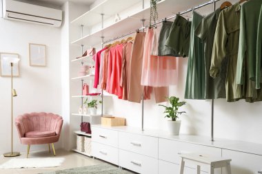 Soyunma odasında rafları, elbiseleri ve bitkileri olan gardırop.