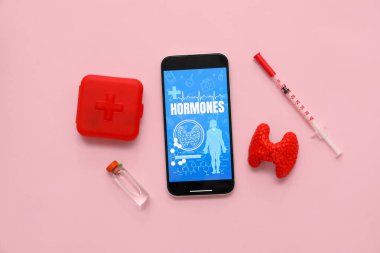 Tiroit bezi modelli cep telefonu ve pembe arka planda insülin. Endokrinoloji kavramı