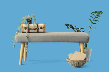 Kitaplı yumuşak bank, eski bavul ve mavi arka planda bitkiler