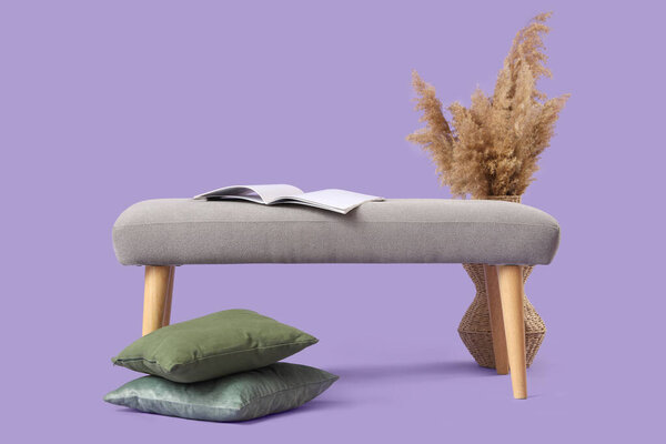 Soft bench with magazine, pillows and pampas grass on lilac background