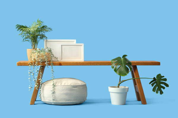 Wooden bench with frames, plants and pouf on blue background