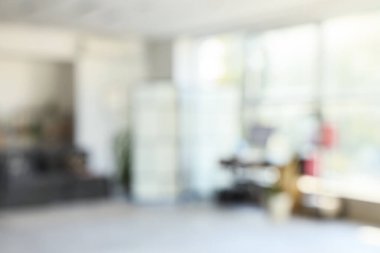 Çalışma yeri, katlama perdesi ve kanepesi olan modern ofis görüşü bulanık