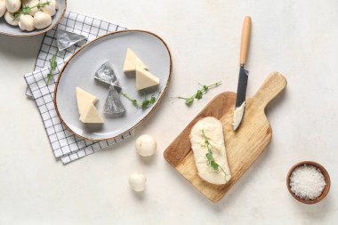 Hafif arkaplanda lezzetli işlenmiş peynir, mantar ve deniz tuzu üçgenleri ile kompozisyon