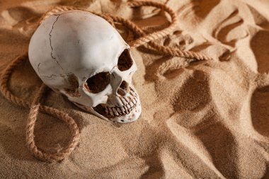 Eski insan kafatası, kumda ip var.