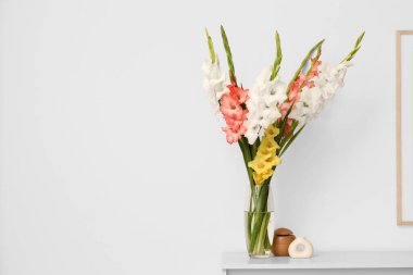 Oturma odasındaki çekmecelerin üzerinde gladyatör çiçekleri olan vazo, yakın plan.