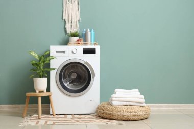 Çamaşır makinesi, puf, saksı ve tuvaletin içindeki yeşil duvarın yanındaki tabure.