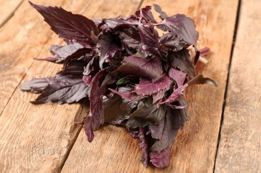 Ahşap arka planda taze mor fesleğen yaprakları, yakın plan.