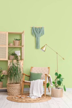 Dolap, hasır koltuk ve oturma odasının içinde saksıları olan saksılar.