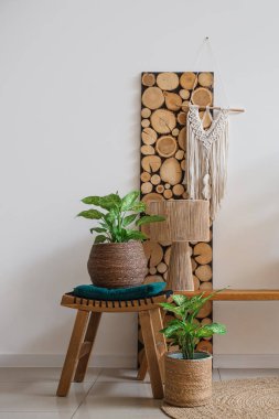 Ahşap bank, lamba ve oturma odasının içinde saksıları olan hasır kaplar.