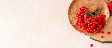 Beyaz arka planda taze viburnum çilekleri olan bir tabak.