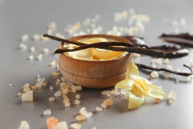 Lezzetli puding, vanilya çubuğu, deniz tuzu ve gri arka planda çikolata ezmesi lekeleri.