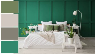 Yeşil duvarlı şık bir yatak odası. Farklı renk desenleri