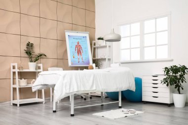 Masaj terapistinin bürosunun içinde kanepe, raf üniteleri ve modern tıp merkezindeki tabelalar.