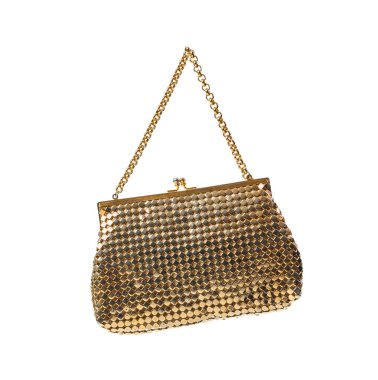 Beyaz arka planda uçan altın çanta.