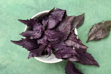 Yeşil arka planda taze mor fesleğen yapraklı kase