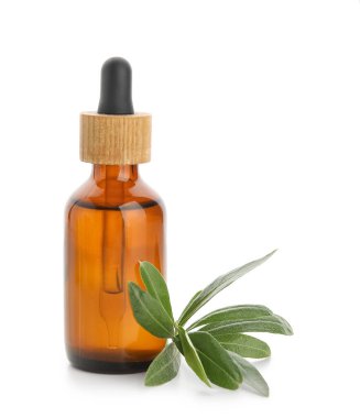 Cam bir şişe çay ağacı esaslı yağ beyaz arka planda izole edilmiş, yakın plan.