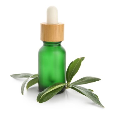 Cam bir şişe çay ağacı esaslı yağ beyaz arka planda izole edilmiş, yakın plan.