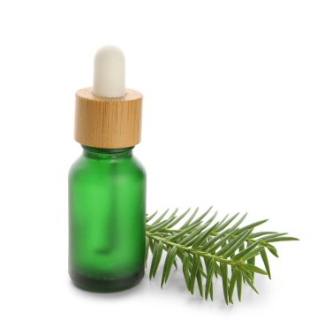 Beyaz arka planda izole edilmiş bir şişe porsuk yağı.