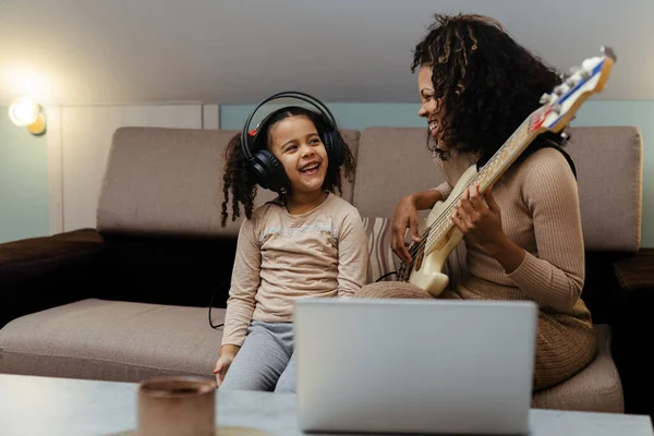 Mom Her Daughter Playing Electric Guitar Together Home Happy Family — Stock Photo, Image