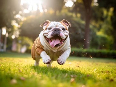 Kahverengi İngiliz Bulldog 'u halka açık parkta yeşil çimlerde koşar, güneş ışığı, şişman köpek komiktir.