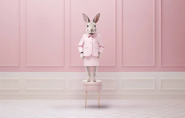 A rabbit standing on chair like human on pink background and wear pink suit and skirt. with copy space for text