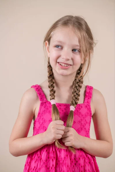 Μικρό Χαριτωμένο Κορίτσι Μακριά Κοτσίδες Χαμογελώντας — Φωτογραφία Αρχείου