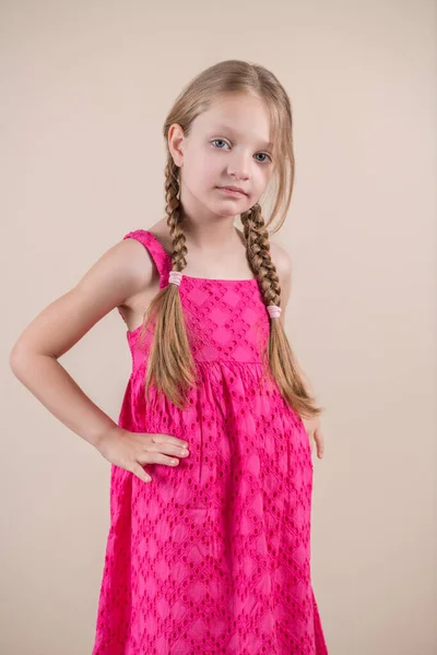 Kleine Süße Mädchen Mit Langen Zöpfen Posieren — Stockfoto