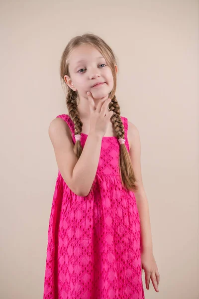 Petite Fille Mignonne Avec Longues Tresses Posant — Photo