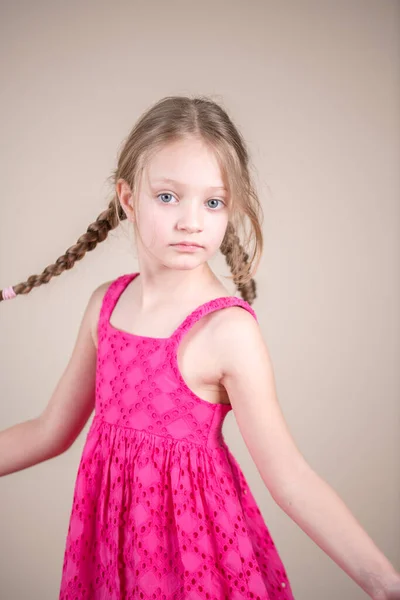 Porträt Eines Kleinen Mädchens Mit Rosa Kleid Und Zöpfen — Stockfoto