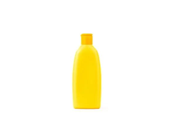 Желтый Пластиковый Шампунь Лосьон Бутылки Белом Фоне Косметический Макет Упаковки — стоковое фото