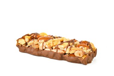 A chocolate bar with nuts and chocolate drizzle. The bar is long and thin. It is sitting on a white background
