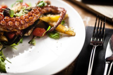 Sıcak ahtapot salatası, kızarmış sebzeler ve beyaz tabakta ji sosu. Lezzetli, sağlıklı, geleneksel deniz ürünleri modern mutfak gurme restoranında öğle yemeği için bir masada servis edilir.