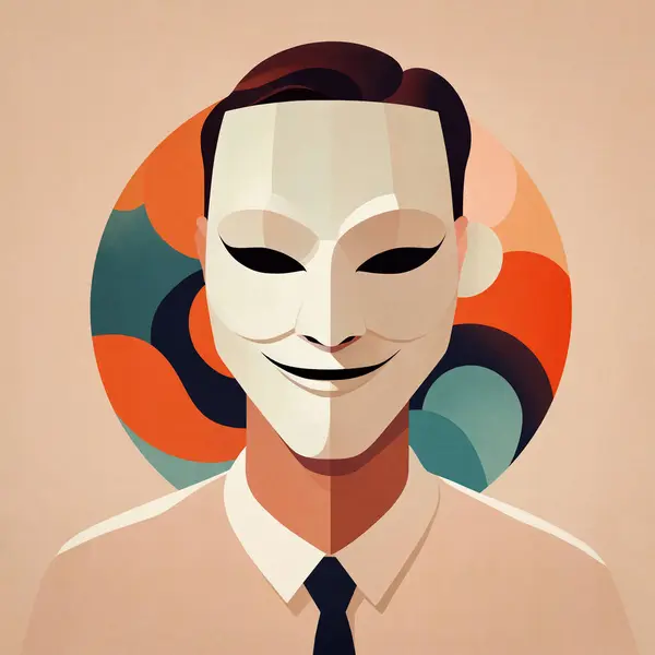 Grainy digital illustration made with geometric colorful shapes of mysterious person concealing their identity with a mask, creating an anonymous facade, hiding their true emotions behind a fake smile