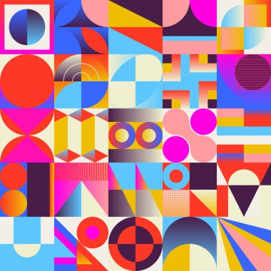 Neo-Geo vektör desenli grafik çizimleri soyut modernist estetik tasarımından esinlenilmiştir. Poster, kapak, sanat, sunum, baskı, kumaş, duvar kağıdı vs. için modern geometrik kolaj.