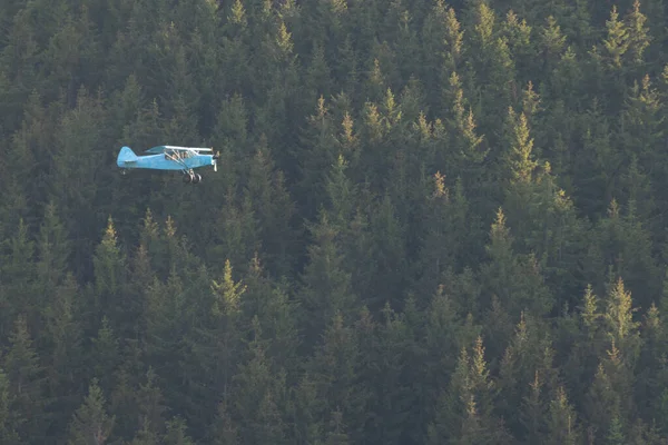Malé Letadlo Letí Nad Jehličnatým Lesem Horách Při Západu Slunce — Stock fotografie