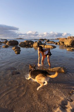 Plajda gün batımında köpekle oynayan genç Latin kadın.