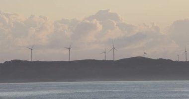 Açık güneşli bir günde dalgalı okyanus suyunun yanında rüzgar türbini çiftliği