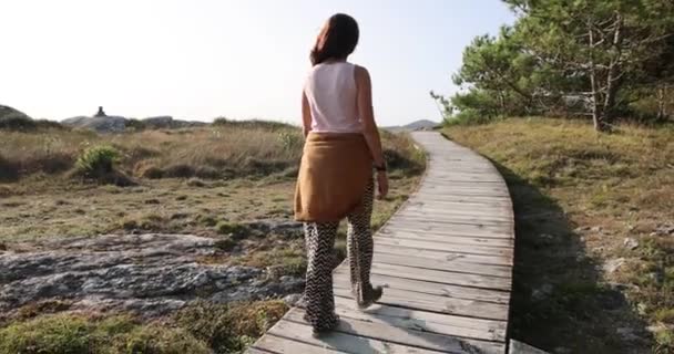 Ung Latinsk Kvinna Ensam Promenader Långsam Väg Bredvid Havet Stranden — Stockvideo