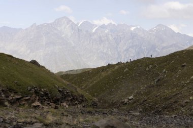 Gürcistan 'ın Kafkasya dağlarında yaz günü yürüyüş yapan bir grup turist.