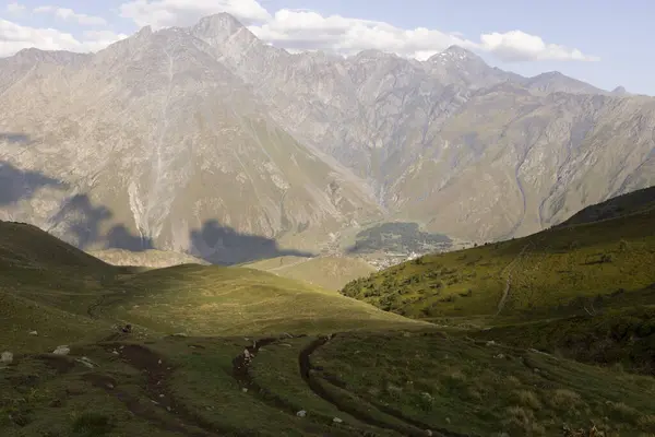 Horse caravan with luggage on mount Kazbek in Gergeti path to summit in Georgia Caucasus mountains during summer day