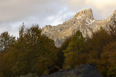 Picos de Europa Ulusal Parkı Sonbahar boyunca renkli yapraklar ve günbatımında parlak dağ sırtı ile