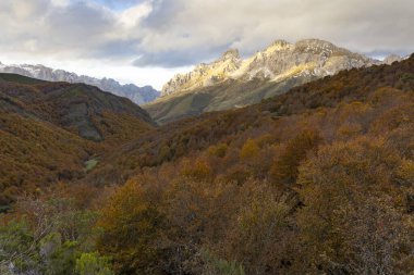 Picos de Europa Ulusal Parkı Sonbahar boyunca renkli yapraklar ve günbatımında parlak dağ sırtı ile