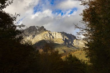 Asturias Cantabrian dağlarındaki Picos de Europa Ulusal Parkı 'nın tepeleri ve sonbahar ormanı güneşli bir günde