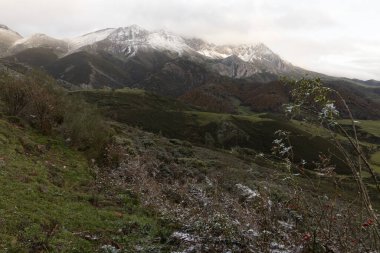 Babia 'da günbatımında Panorama las ubinas la mesa Kuzey İspanya' da sonbahar boyunca doğal park. Ormanı ve çayırı olan kayalık tepelerden oluşan dağ manzarası