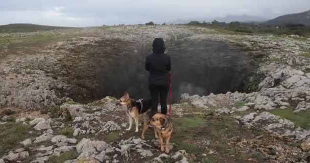 在一个阴天 在西班牙大西洋海岸的Bufones Pria Blowhole 一个带着两只狗的年轻女人 — 图库视频影像