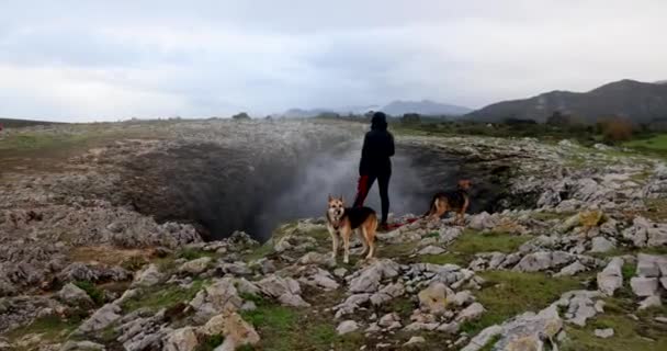 Молодая Женщина Двумя Собаками Bufones Pria Blowhole Испании Атлантическом Побережье — стоковое видео