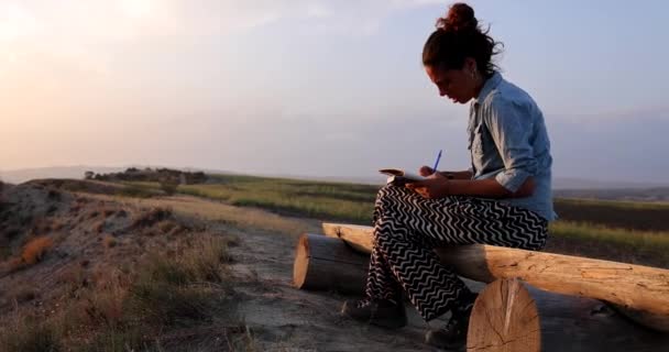 格鲁吉亚瓦什洛瓦尼国家公园的一位年轻女子坐在山顶上的长椅上 日落时分在笔记本上写字 — 图库视频影像