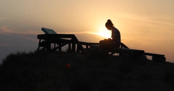 Young Woman Sitting Bench Hills Writing Notebook Vashlovani National Park — Stock Video